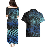 Floral Polynesian Hibiscus Tattoo Couples Matching Puletasi and Hawaiian Shirt Blue Gradient Style LT9 - Polynesian Pride