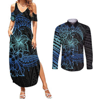 Floral Polynesian Hibiscus Tattoo Couples Matching Summer Maxi Dress and Long Sleeve Button Shirt Blue Gradient Style LT9 Blue - Polynesian Pride