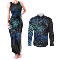 Floral Polynesian Hibiscus Tattoo Couples Matching Tank Maxi Dress and Long Sleeve Button Shirt Blue Gradient Style LT9 Blue - Polynesian Pride