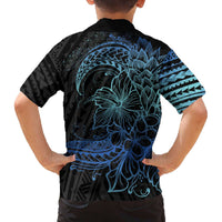 Floral Polynesian Hibiscus Tattoo Family Matching Off The Shoulder Long Sleeve Dress and Hawaiian Shirt Blue Gradient Style