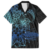 Floral Polynesian Hibiscus Tattoo Family Matching Off The Shoulder Long Sleeve Dress and Hawaiian Shirt Blue Gradient Style