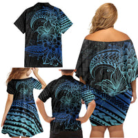 Floral Polynesian Hibiscus Tattoo Family Matching Off Shoulder Short Dress and Hawaiian Shirt Blue Gradient Style LT9 - Polynesian Pride
