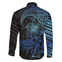 Floral Polynesian Hibiscus Tattoo Family Matching Off Shoulder Short Dress and Hawaiian Shirt Blue Gradient Style LT9 - Polynesian Pride
