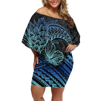 Floral Polynesian Hibiscus Tattoo Off Shoulder Short Dress Blue Gradient Style LT9 Women Blue - Polynesian Pride