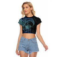 Floral Polynesian Hibiscus Tattoo Raglan Cropped T Shirt Blue Gradient Style LT9 Female Blue - Polynesian Pride