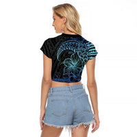 Floral Polynesian Hibiscus Tattoo Raglan Cropped T Shirt Blue Gradient Style LT9 - Polynesian Pride