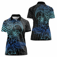 Floral Polynesian Hibiscus Tattoo Women Polo Shirt Blue Gradient Style