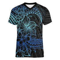 Floral Polynesian Hibiscus Tattoo Women V-Neck T-Shirt Blue Gradient Style LT9 Female Blue - Polynesian Pride