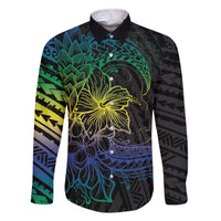 Floral Polynesian Hibiscus Tattoo Family Matching Off The Shoulder Long Sleeve Dress and Hawaiian Shirt Green Gradient Style