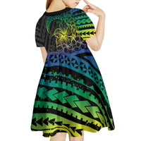 Floral Polynesian Hibiscus Tattoo Kid Short Sleeve Dress Green Gradient Style