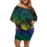 Floral Polynesian Hibiscus Tattoo Off Shoulder Short Dress Green Gradient Style LT9 Women Green - Polynesian Pride