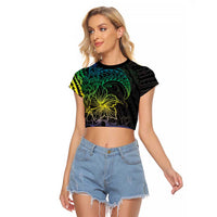Floral Polynesian Hibiscus Tattoo Raglan Cropped T Shirt Green Gradient Style LT9 Female Green - Polynesian Pride