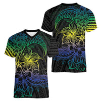 Floral Polynesian Hibiscus Tattoo Women V-Neck T-Shirt Green Gradient Style LT9 - Polynesian Pride