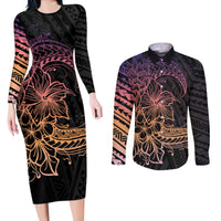 Floral Polynesian Hibiscus Tattoo Couples Matching Long Sleeve Bodycon Dress and Long Sleeve Button Shirt Peach Gradient Style LT9 Peach - Polynesian Pride