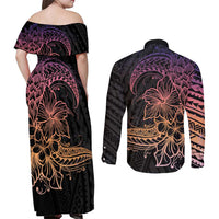 Floral Polynesian Hibiscus Tattoo Couples Matching Off Shoulder Maxi Dress and Long Sleeve Button Shirt Peach Gradient Style LT9 - Polynesian Pride