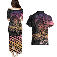 Floral Polynesian Hibiscus Tattoo Couples Matching Puletasi and Hawaiian Shirt Peach Gradient Style LT9 - Polynesian Pride