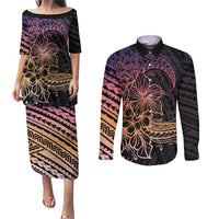 Floral Polynesian Hibiscus Tattoo Couples Matching Puletasi and Long Sleeve Button Shirt Peach Gradient Style LT9 Peach - Polynesian Pride