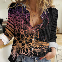 Floral Polynesian Hibiscus Tattoo Women Casual Shirt Peach Gradient Style