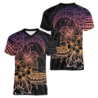 Floral Polynesian Hibiscus Tattoo Women V-Neck T-Shirt Peach Gradient Style LT9 - Polynesian Pride
