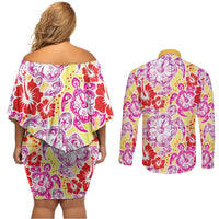 Palaka with Honu and Hibiscus Couples Matching Off Shoulder Short Dress and Long Sleeve Button Shirt Hawaiian Heritage Spirit - Polynesian Pride