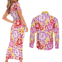 Palaka with Honu and Hibiscus Couples Matching Short Sleeve Bodycon Dress and Long Sleeve Button Shirt Hawaiian Heritage Spirit - Polynesian Pride