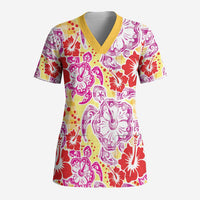 Palaka with Honu and Hibiscus Scrub Top Hawaiian Heritage Spirit - Polynesian Pride