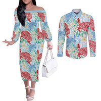 Palaka with Honu and Plumeria Couples Matching Off The Shoulder Long Sleeve Dress and Long Sleeve Button Shirt Hawaiian Heritage Spirit - Polynesian Pride