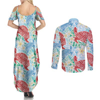 Palaka with Honu and Plumeria Couples Matching Summer Maxi Dress and Long Sleeve Button Shirt Hawaiian Heritage Spirit - Polynesian Pride
