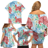 Palaka with Honu and Plumeria Family Matching Off Shoulder Short Dress and Hawaiian Shirt Hawaiian Heritage Spirit - Polynesian Pride