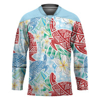 Palaka with Honu and Plumeria Hockey Jersey Hawaiian Heritage Spirit LT9 Unisex Blue - Polynesian Pride