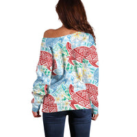 Palaka with Honu and Plumeria Off Shoulder Sweater Hawaiian Heritage Spirit - Polynesian Pride