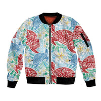 Palaka with Honu and Plumeria Sleeve Zip Bomber Jacket Hawaiian Heritage Spirit LT9 Unisex Blue - Polynesian Pride