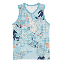Blue Palaka Crane and Flowers Basketball Jersey Japan Heritage Spirit LT9 Unisex Blue - Polynesian Pride