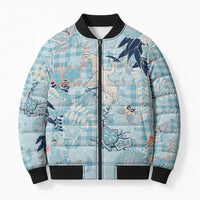 Blue Palaka Crane and Flowers Bomber Puffer Jacket Japan Heritage Spirit LT9 Unisex Blue - Polynesian Pride