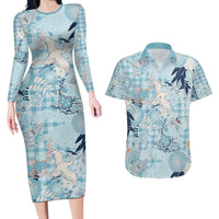 Blue Palaka Crane and Flowers Couples Matching Long Sleeve Bodycon Dress and Hawaiian Shirt Japan Heritage Spirit - Polynesian Pride