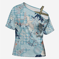 Blue Palaka Crane and Flowers Cross Shoulder Shirt Japan Heritage Spirit LT9 Female Blue - Polynesian Pride