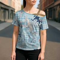 Blue Palaka Crane and Flowers Cross Shoulder Shirt Japan Heritage Spirit LT9 - Polynesian Pride
