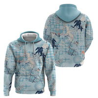 Blue Palaka Crane and Flowers Hoodie Japan Heritage Spirit - Polynesian Pride
