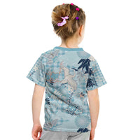 Blue Palaka Crane and Flowers Kid T Shirt Japan Heritage Spirit - Polynesian Pride