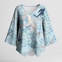 Blue Palaka Crane and Flowers Kimono Sleeve Blouse Japan Heritage Spirit LT9 Female Blue - Polynesian Pride