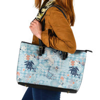 Blue Palaka Crane and Flowers Leather Tote Bag Japan Heritage Spirit LT9 Blue - Polynesian Pride