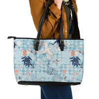Blue Palaka Crane and Flowers Leather Tote Bag Japan Heritage Spirit LT9 - Polynesian Pride