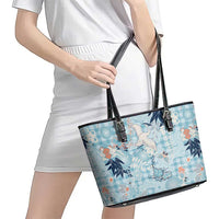 Blue Palaka Crane and Flowers Leather Tote Bag Japan Heritage Spirit LT9 - Polynesian Pride