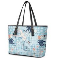 Blue Palaka Crane and Flowers Leather Tote Bag Japan Heritage Spirit LT9 - Polynesian Pride