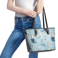 Blue Palaka Crane and Flowers Leather Tote Bag Japan Heritage Spirit LT9 - Polynesian Pride