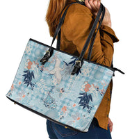 Blue Palaka Crane and Flowers Leather Tote Bag Japan Heritage Spirit LT9 - Polynesian Pride