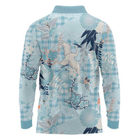 Blue Palaka Crane and Flowers Long Sleeve Polo Shirt Japan Heritage Spirit LT9 - Polynesian Pride