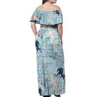 Blue Palaka Crane and Flowers Off Shoulder Maxi Dress Japan Heritage Spirit - Polynesian Pride
