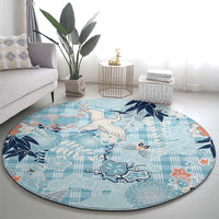 Blue Palaka Crane and Flowers Round Carpet Japan Heritage Spirit - Polynesian Pride