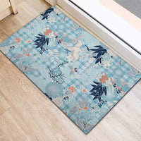 Blue Palaka Crane and Flowers Rubber Doormat Japan Heritage Spirit LT9 - Polynesian Pride